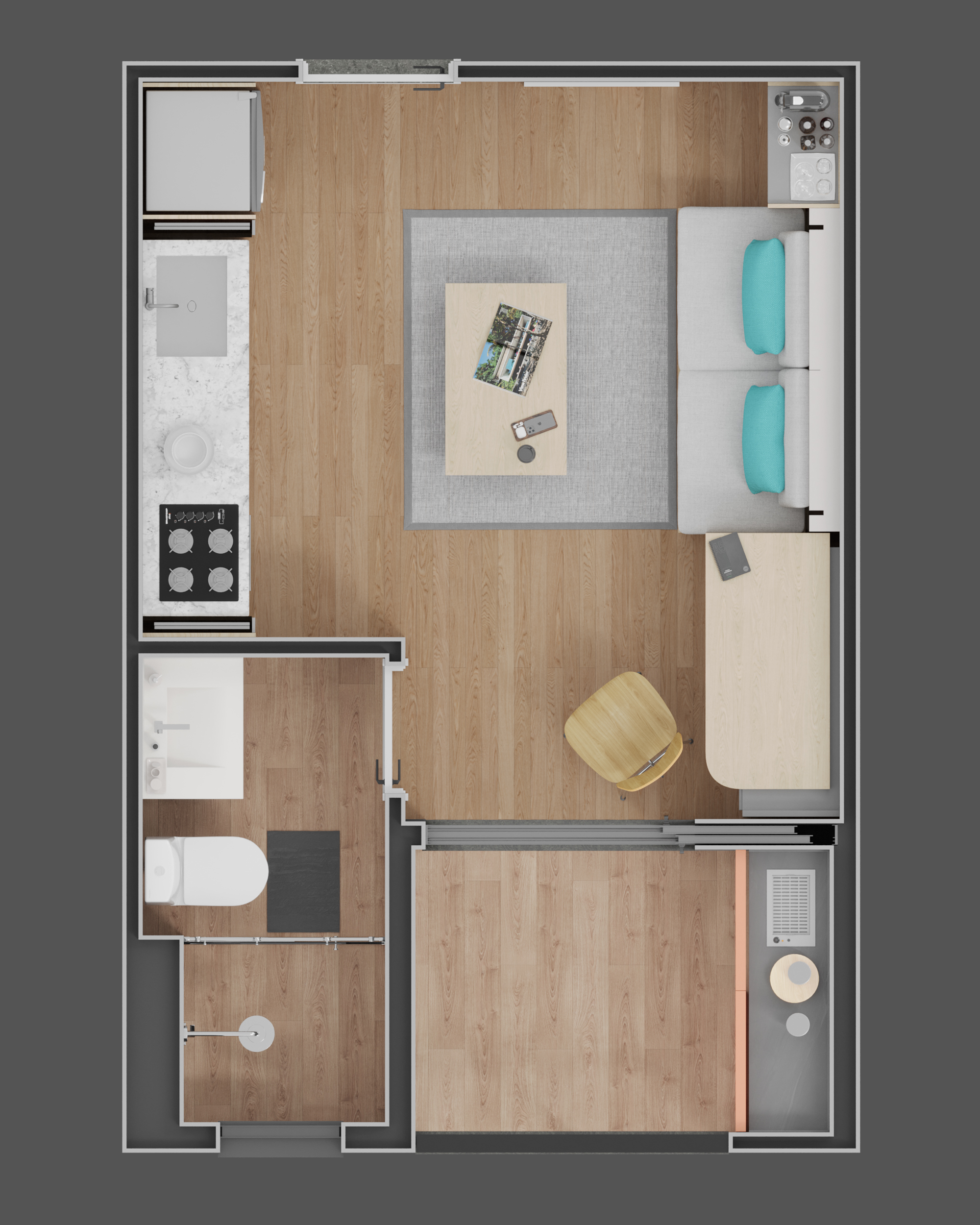 Studio 404 do Théros Residencial em modo sala de TV, no Alto da XV em Curitiba