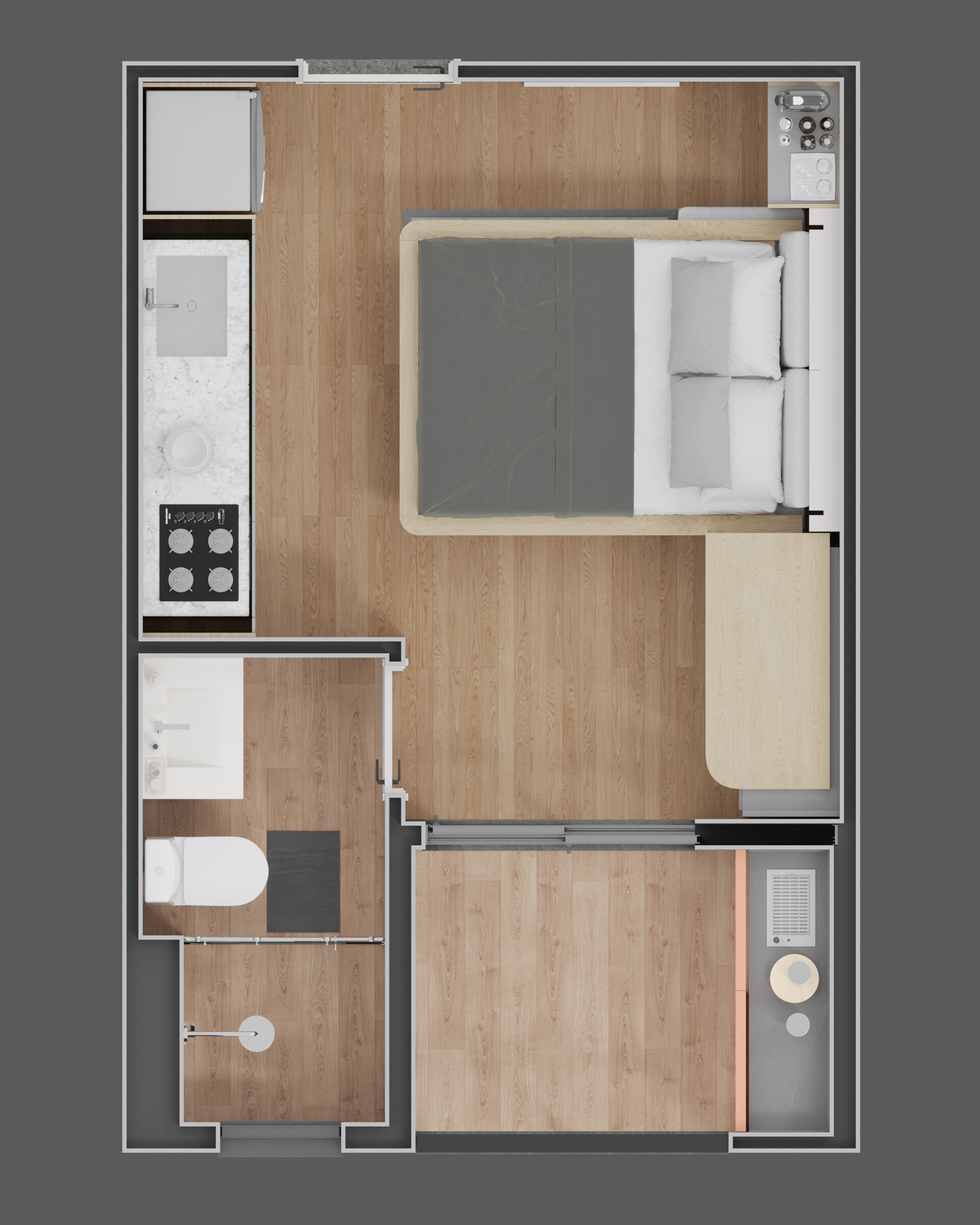 Studio 404 do Théros Residencial com a cama abaixada para dormir, no Alto da XV em Curitiba