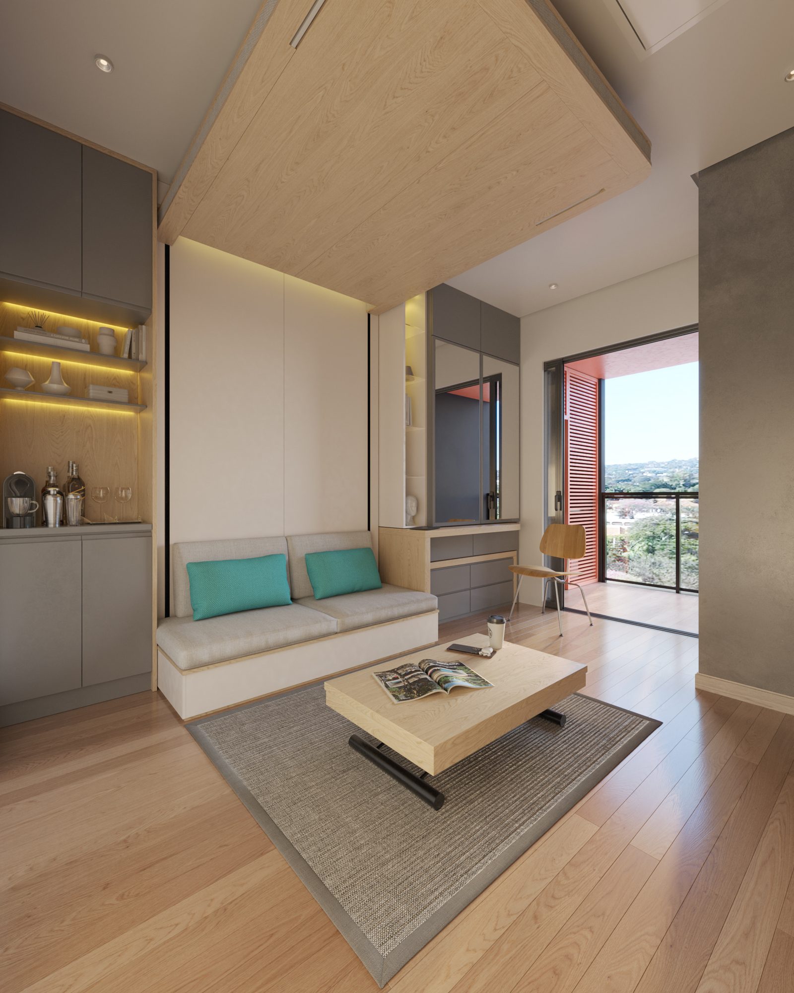 Living de studio Théros com integração de ambientes